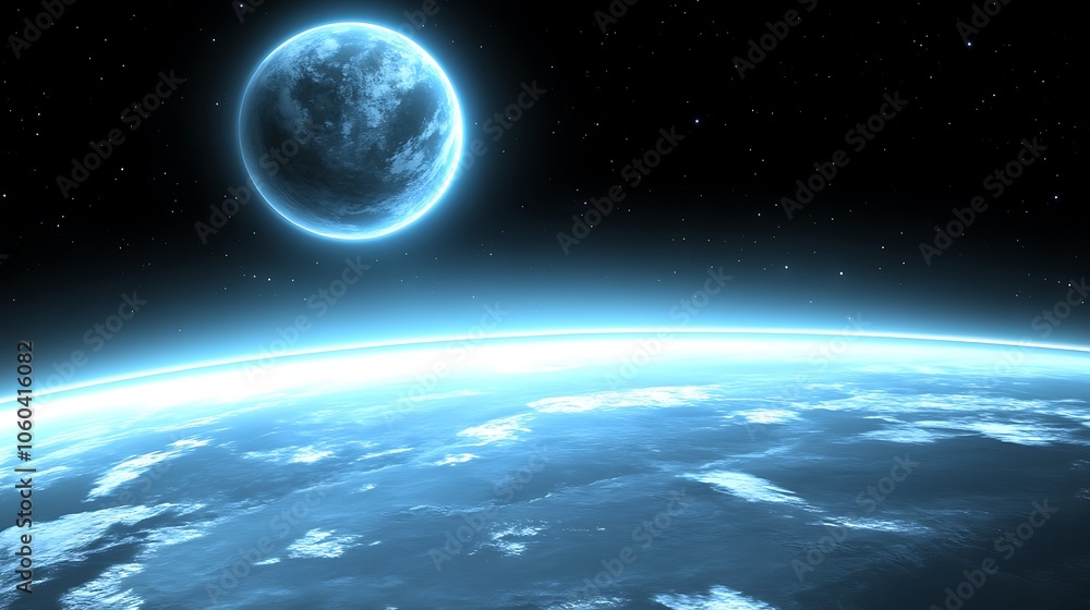 Poster blue planet from space light gradient background with room for typography
