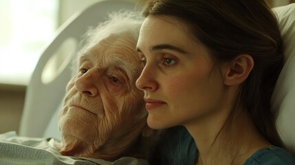 A young woman looks after her elderly father in a hospital bed.