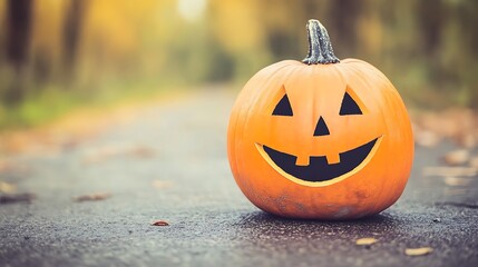 Smiling Jack O Lantern Pumpkin on a Fall Road Minimalist White Background with Space for Text