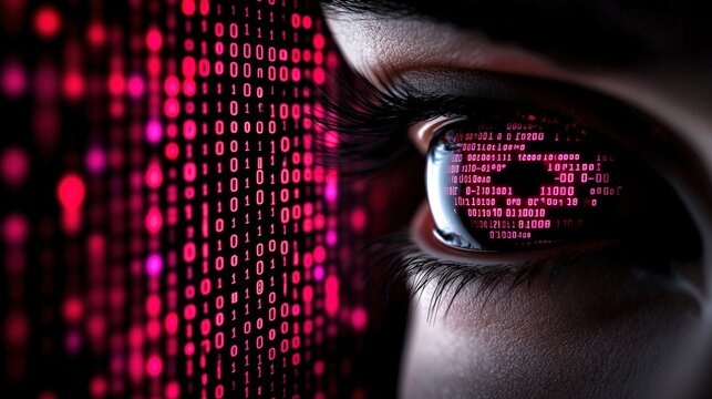 Close-up of an eye with a digital binary code reflection, showcasing technology and data interaction.