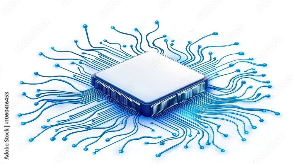 Poster futuristic microprocessor design with electric circuits, isolated on white background.