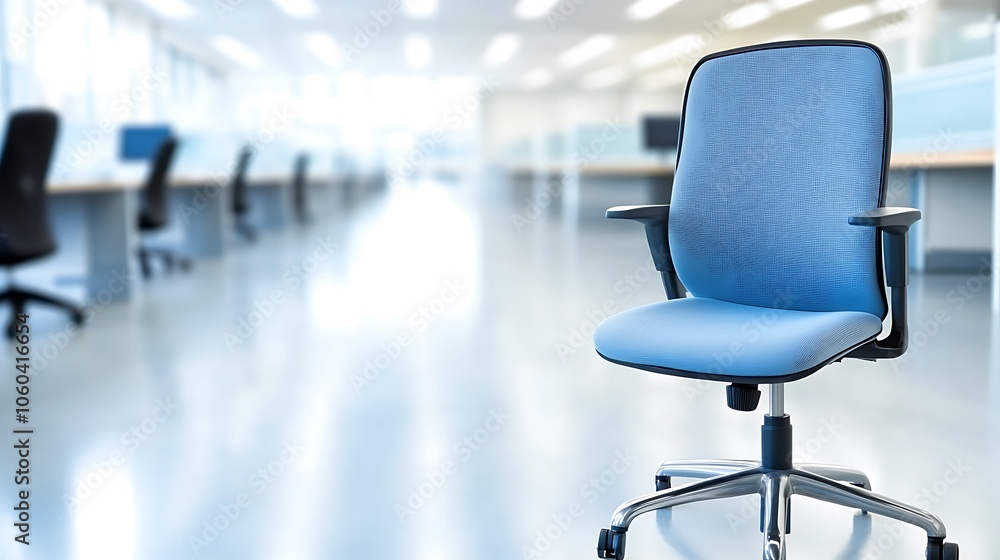 Poster blue office chair in empty office plain textured background for web design and copy