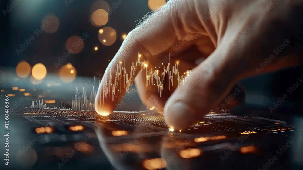 Poster a close-up of a hand interacting with a glowing digital interface, showcasing futuristic technology 