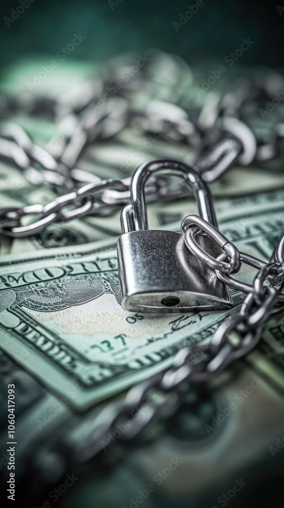 Aufkleber a striking arrangement of dollar bills secured with chains and an open padlock on a dark green backd