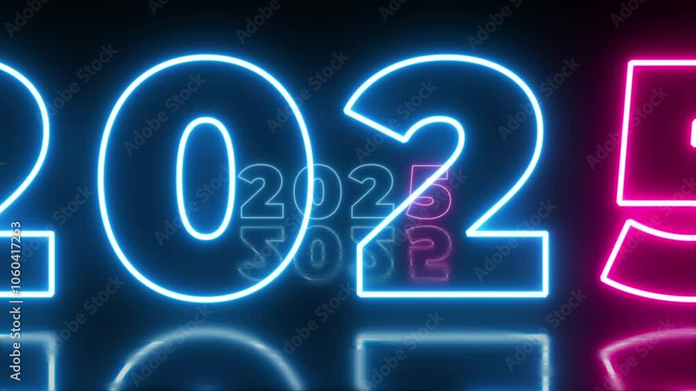 Poster blue illuminate digits 2025 new year design with wet floor and neon glow. abstract cosmic vibrant co