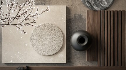 The design of the mudboard design with a top view of decorative elements, including a beige circle with texture and a rectangular element of gray marble.  