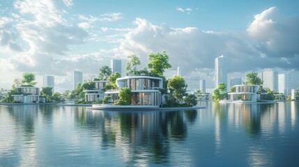 Fototapeta premium Futuristic architecture on islands surrounded by calm water in a modern city