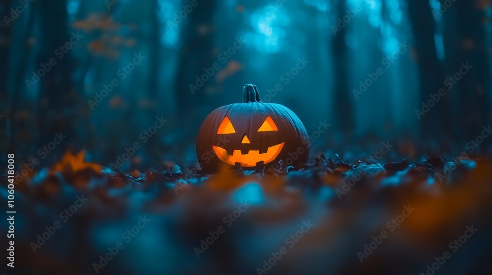 Poster spooky jack o' lantern in forest clean blank canvas with empty space for designs