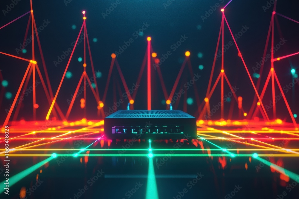 Poster A router surrounded by colorful, glowing lines and network cables, creating an abstract representation of digital connectivity. Generative AI