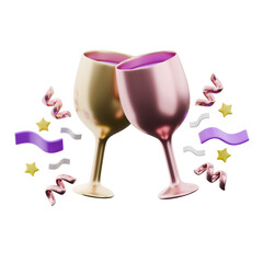 3D Celebratory Toast with Clinking Glasses and Festive Decorations on Purple Background