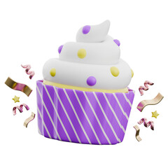 3D Vibrant Celebration Cupcake with Decorations and Colorful Confetti on Purple Background