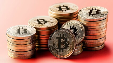 Stacks of Bitcoin coins on a vibrant red background.