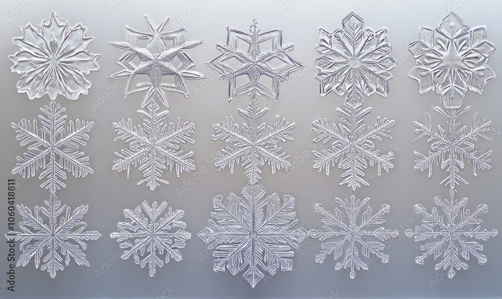 Poster snowflakes arranged in a precise, repeating pattern on a frosty window, with each flake unique yet p