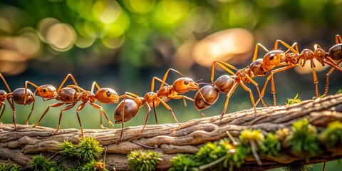 Ants united in a chain, showcasing teamwork and symbiosis. This macro photography captures their unique ecosystem roles and fascinating behavior, highlighting the intricacies of insect life.