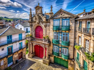 Fototapeta premium April Is National Child Abuse Prevention Month: Aerial View of Historic Architecture in Lugo, Spain with Emphasis on Old Building Doors and Urban Resilience