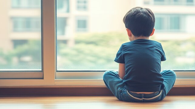 Young boy sitting by window looking out
