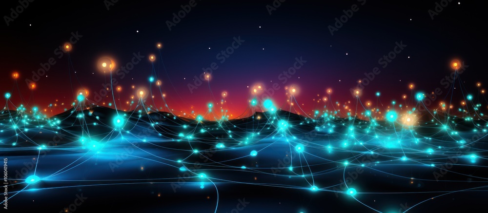 Poster abstract representation of interconnected networks with glowing nodes against a twilight backdrop.