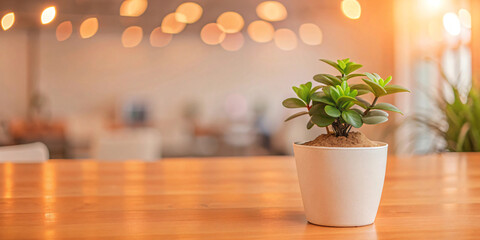 Fototapeta premium small green plant in black pot on wooden table with blurred modern office background and bokeh effect