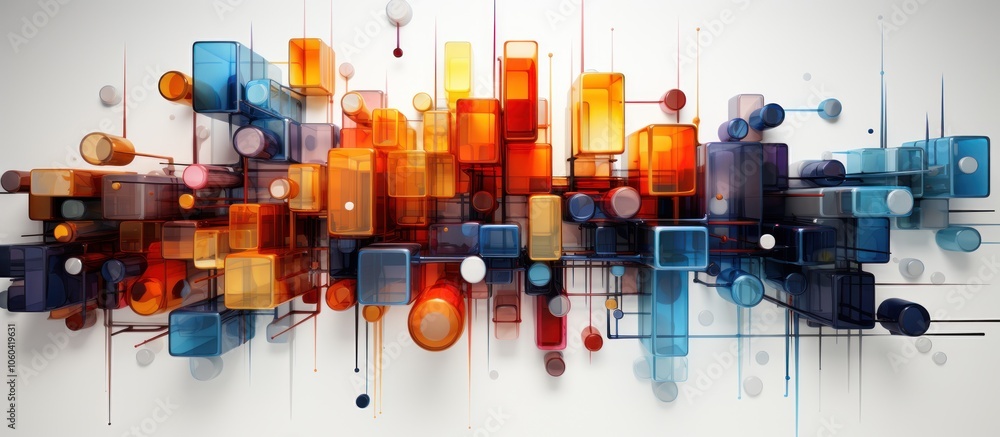 Poster abstract composition of colorful geometric shapes and lines, creating a vibrant visual effect.