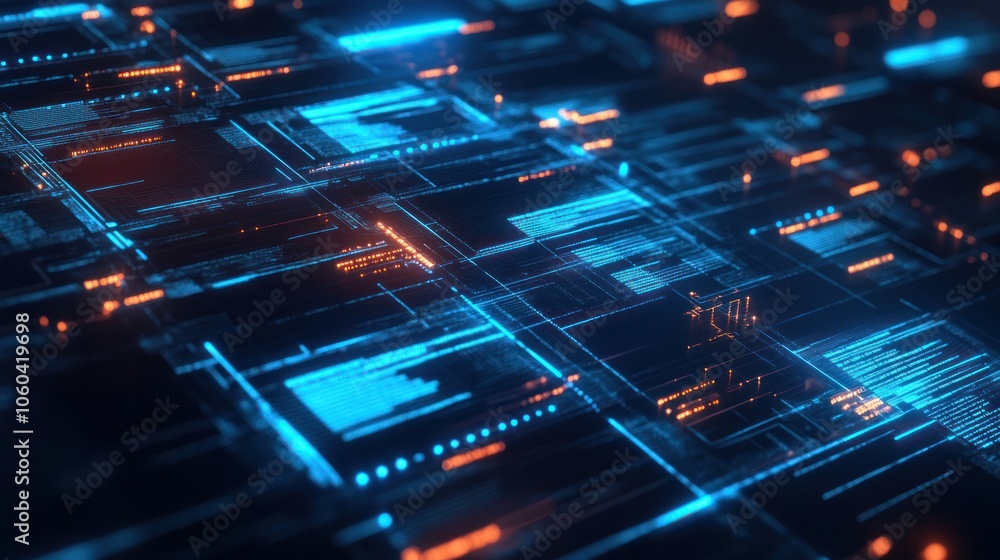 Poster abstract network grid with icons of files and folders floating in a virtual space symbolizing a digi