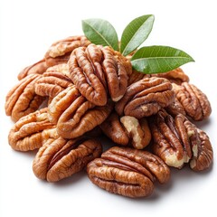 Obraz premium Gourmet Pecans with Fresh Leaves Isolated on White Background, Nutty Delights, Natural Harvest, Healthy Snack Options, Eco-friendly Food Presentation