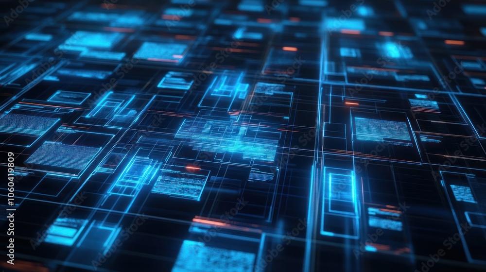 Poster abstract network grid with icons of files and folders floating in a virtual space symbolizing a digi