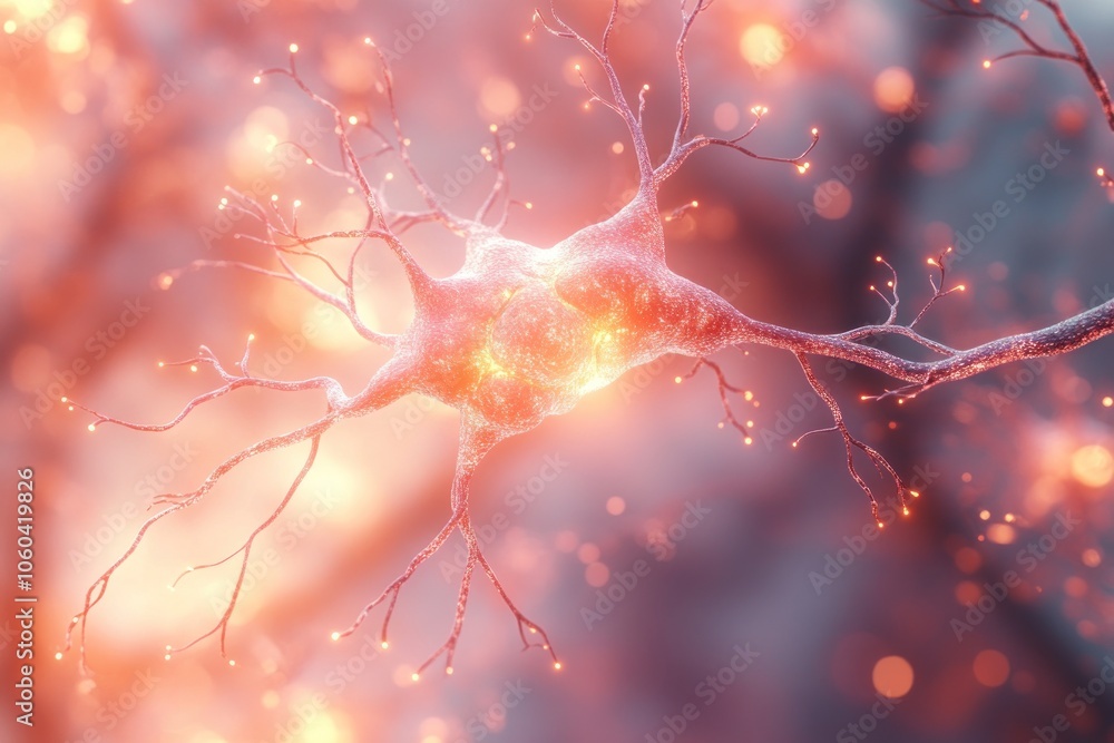 Poster a close-up view of a neuron with glowing connections, illustrating neural activity.
