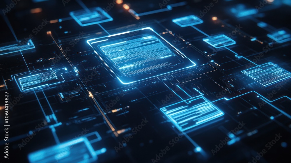 Poster abstract network grid with icons of files and folders floating in a virtual space symbolizing a digi
