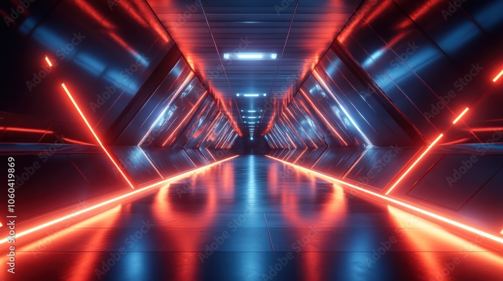 Poster futuristic triangle corridor with neon lights illuminating the walls creating a symmetrical
