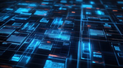 Abstract network grid with icons of files and folders floating in a virtual space symbolizing a digital document storage system,