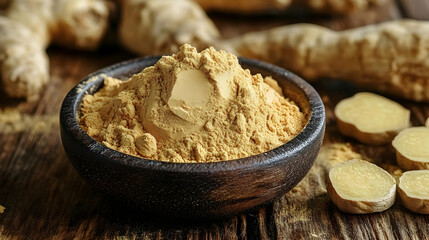 Fototapeta premium Ginger Powder in Wooden Bowl - Food Photography
