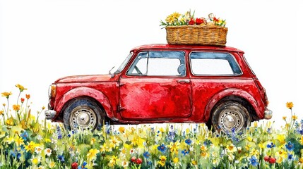 A vibrant red car with a basket of flowers, parked in a field of colorful wildflowers, capturing the essence of spring and adventure.