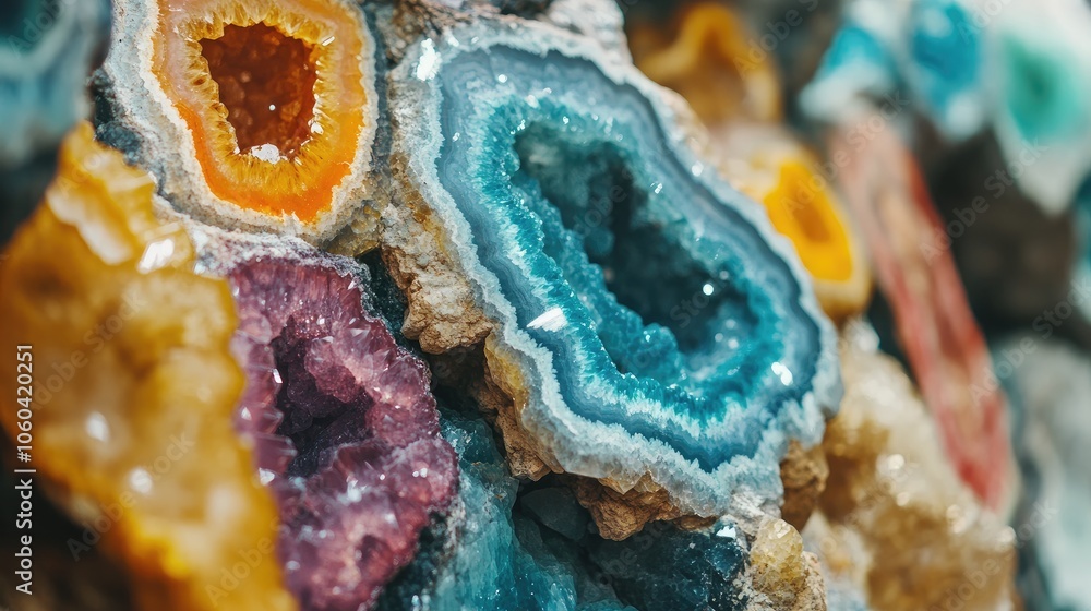 Poster colorful geodes in close-up, showcasing the unique patterns and layers within natural formations