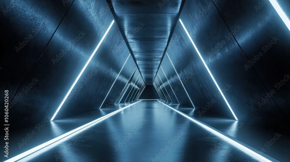Aufkleber futuristic triangle corridor with neon lights illuminating the walls creating a symmetrical