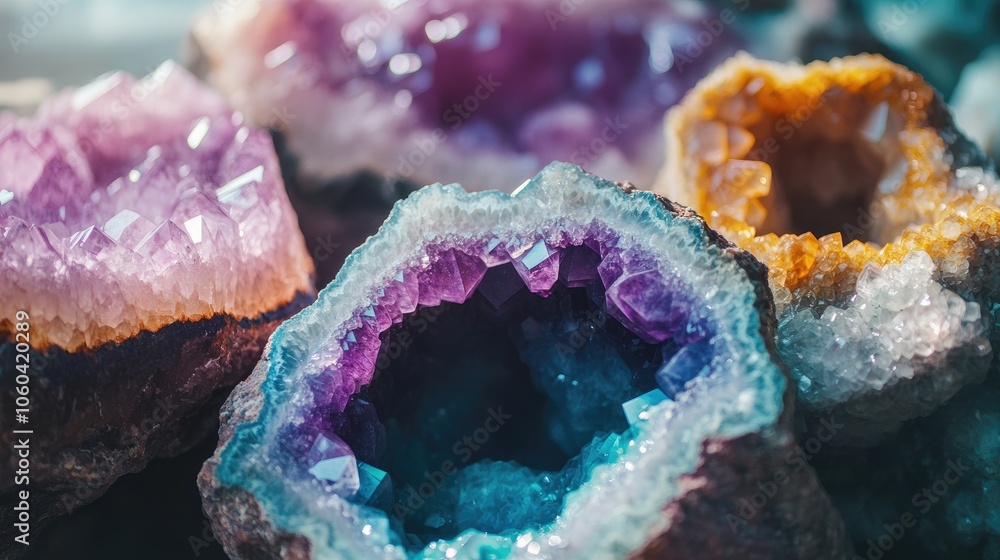 Poster colorful geodes in close-up, showcasing the unique patterns and layers within natural formations