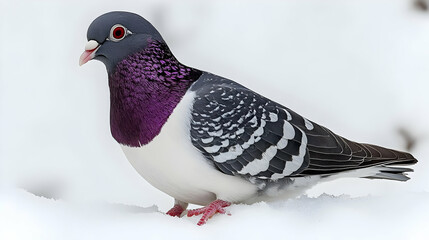 Fototapeta premium Purple and White Pigeon Standing in Snow - Realistic Photo