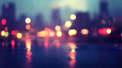 Rainy City Lights Reflection Smooth Blue Background with Copy Space for Advertisements