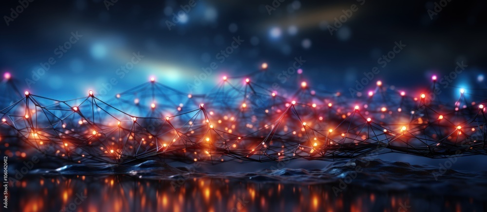 Poster a digital network representation with glowing nodes against a cosmic background.