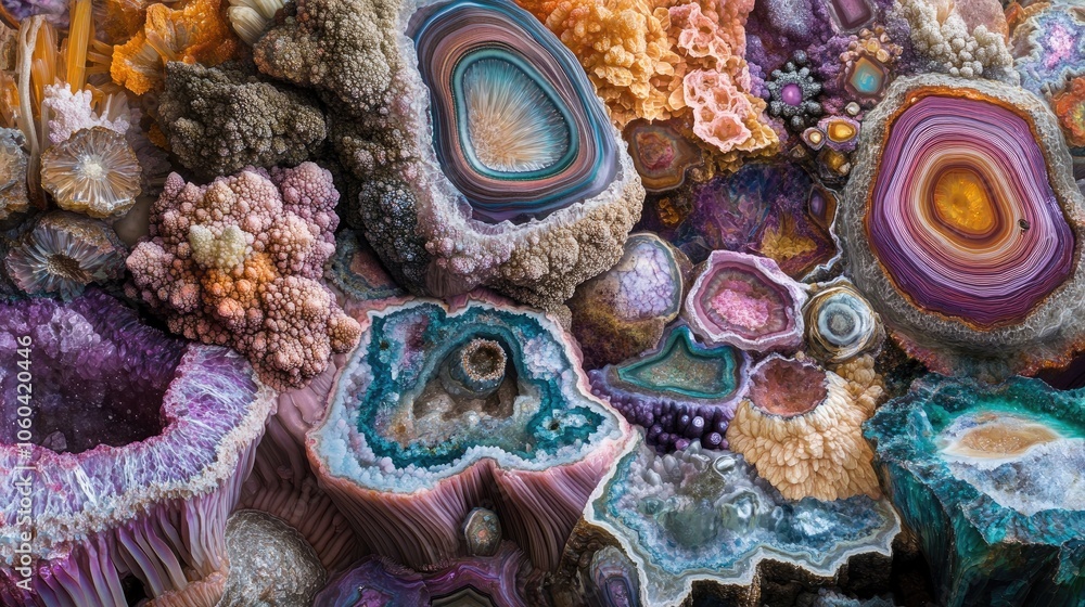 Poster detailed macro shot of colorful geodes, capturing the unique beauty and complexity of natural format