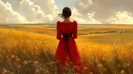 Obraz premium Woman in Red Dress, Golden Field Illustration