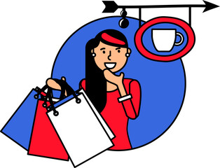 A shopping woman carrying several bags, contemplating the idea of heading to an outdoor cafe for a relaxing break vector cartoon illustration. Idea of enjoying a cup of coffee al fresco. Vibrant color