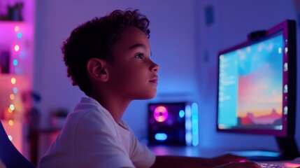 Boy plays with colorful lights and computer at home
