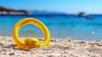 A yellow swim ring rests on sandy beach, with a blurred sea and boat in the background.