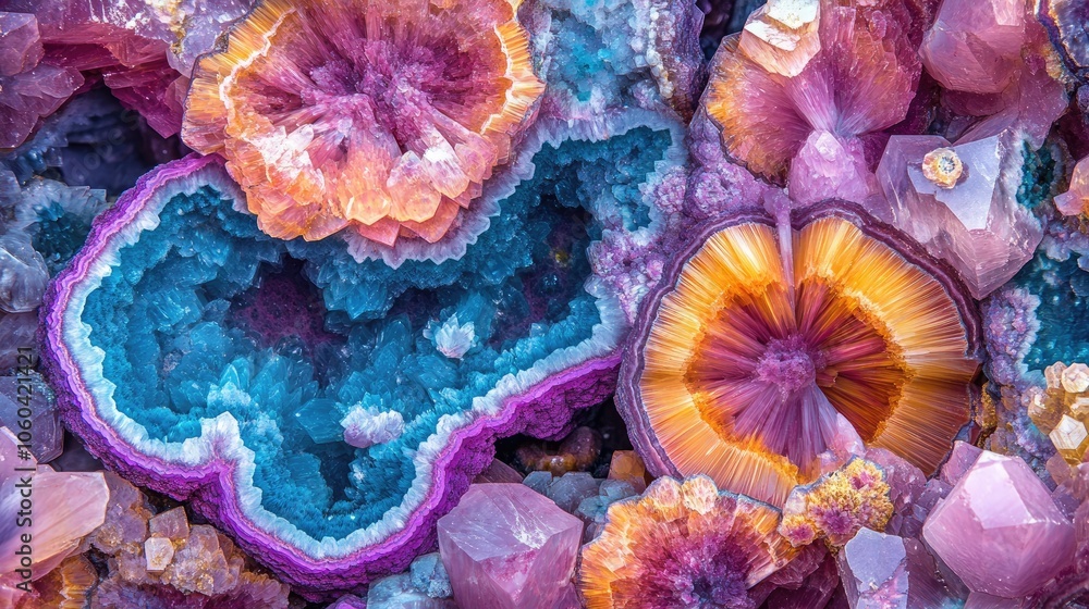 Poster a macro shot of colorful geodes, capturing the unique beauty and intricate patterns of natural cryst