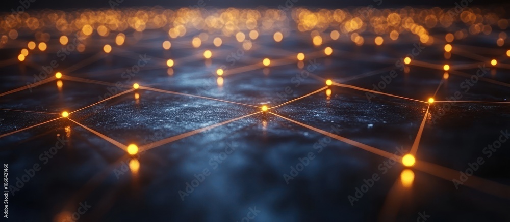 Poster a digital network representation with glowing nodes on a textured surface.