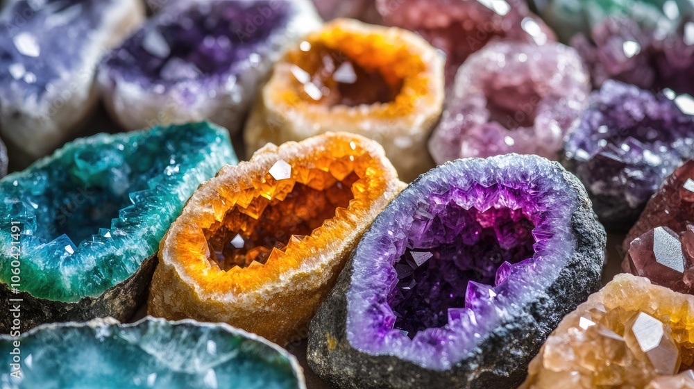 Poster a macro shot of geodes with vibrant colors, capturing the complex, beautiful details within each cry