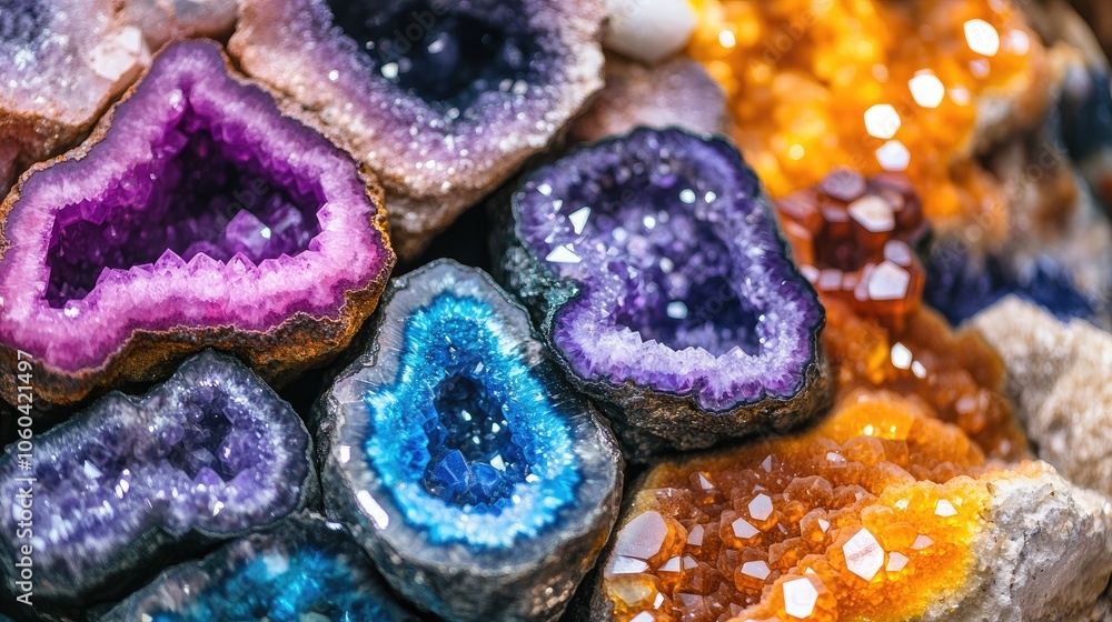 Poster a macro shot of geodes with vibrant colors, capturing the complex, beautiful details within each cry