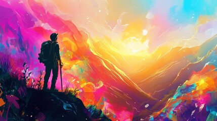 Fototapeta premium A vibrant landscape depicting a hiker against a colorful sunset in a mountainous setting.