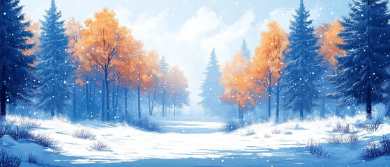 Naklejka premium Illustration vectorielle de forêt enneigée en digital art pour écran panoramique