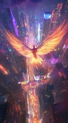 Fototapeta premium Tilted angle view of a radiant phoenix soaring above a neon-lit cityscape